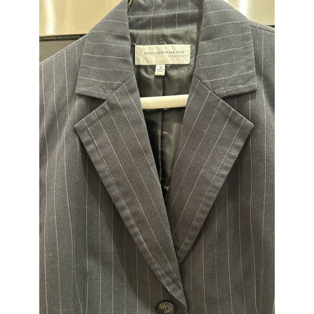 Jones New York Pin Stripe Blazer 12 Jacket Charcoal Lined Shoulder Pads Office - Picture 12 of 13